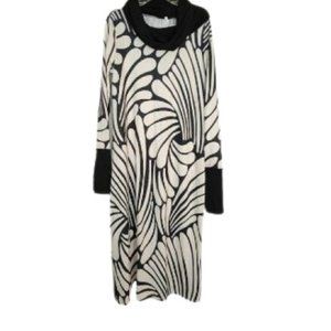 God Shield Womens Sweater Dress Black Ivory Printed Cowl Neck Midi L
